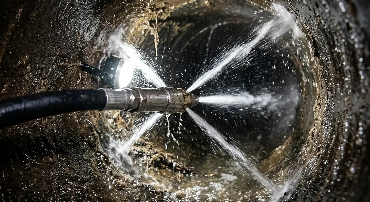 High-pressure hydro jetting nozzle cleaning sewer pipe for Sewer Cleanout in Buckhead