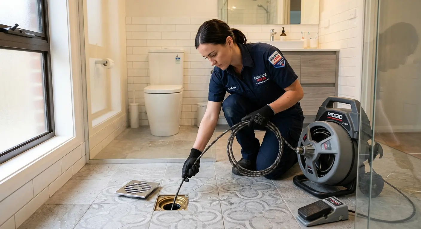 Technician clearing a bathroom floor drain for Drain Cleaning in Buckhead